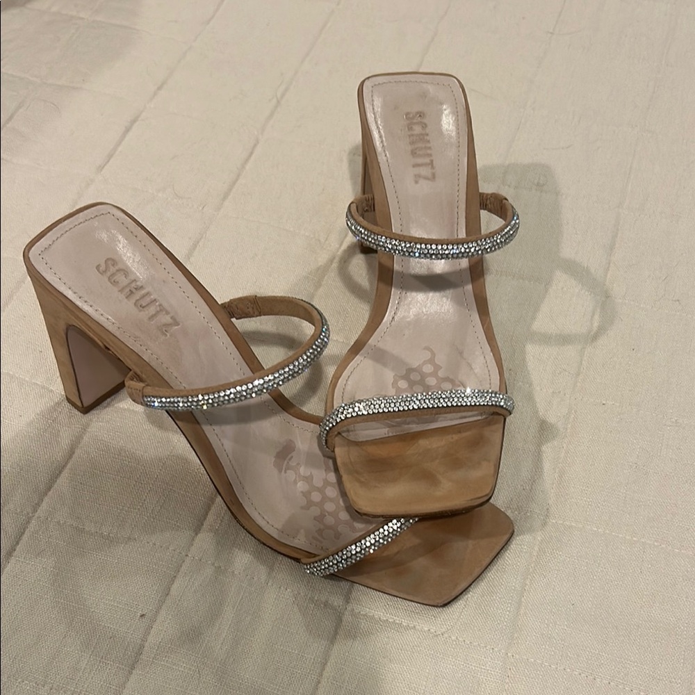SCHUTZ Tan Silver Strappy Heels
